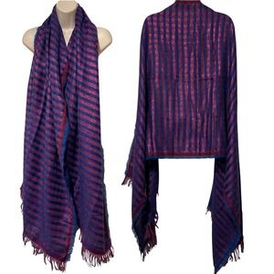 Sparkly Striped Large Scarf Wrap Blue red Metallic Fringe‎